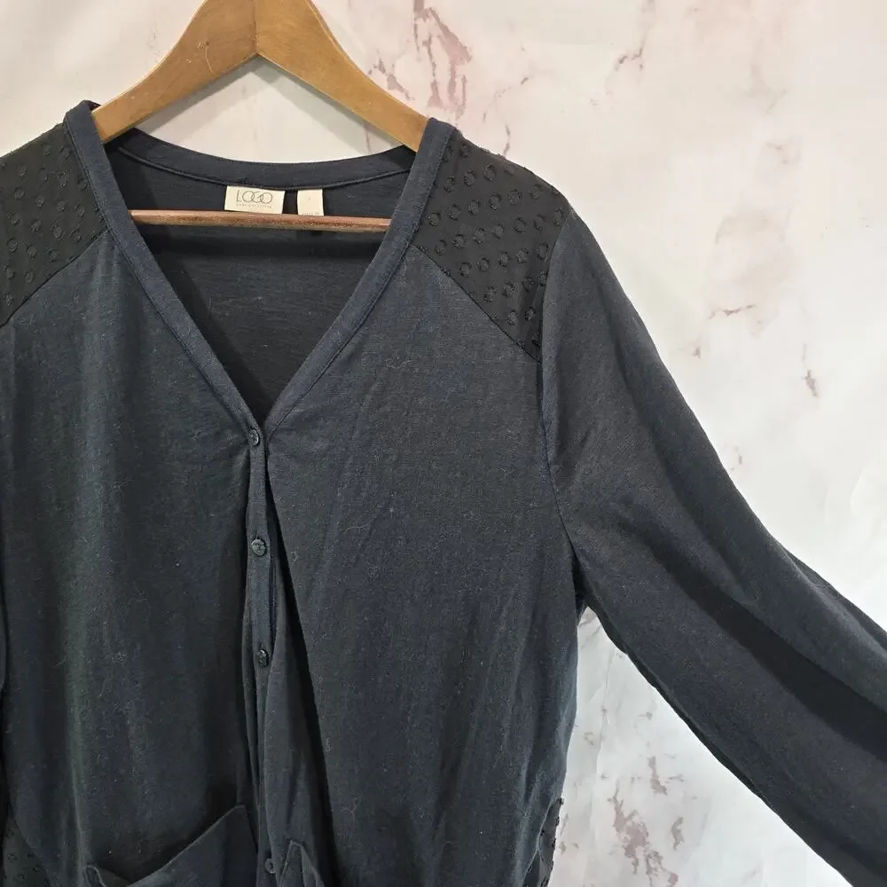 Logo by Lori Goldstein Cardigan Womens Large Black Chiffon Lace Trim Tee Jersey